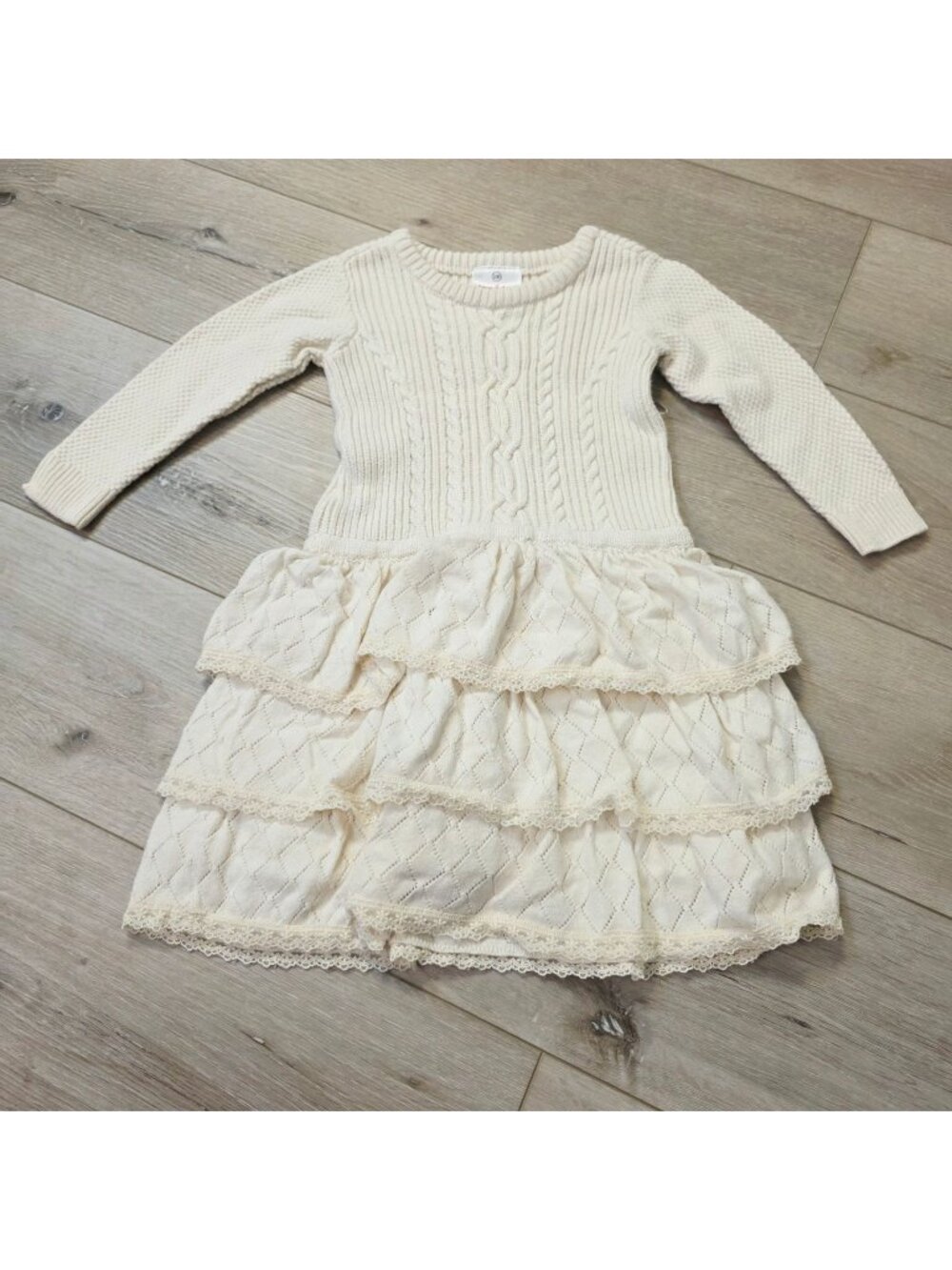 Girls Hanna Andersson Nordic Cable Tiered Sweater Dress Ruffled Lace Trim 3T